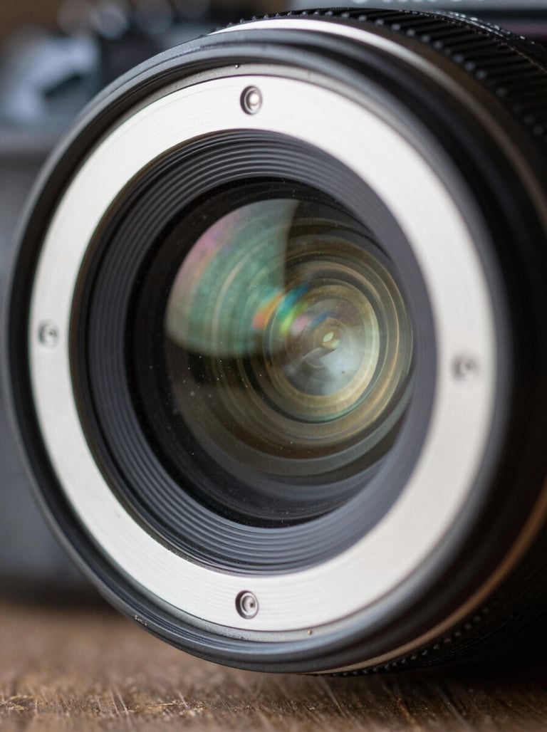 A macro photograph of a professional camera lens aperture, sharp focus, with subtle dusty seafoam color reflections.
