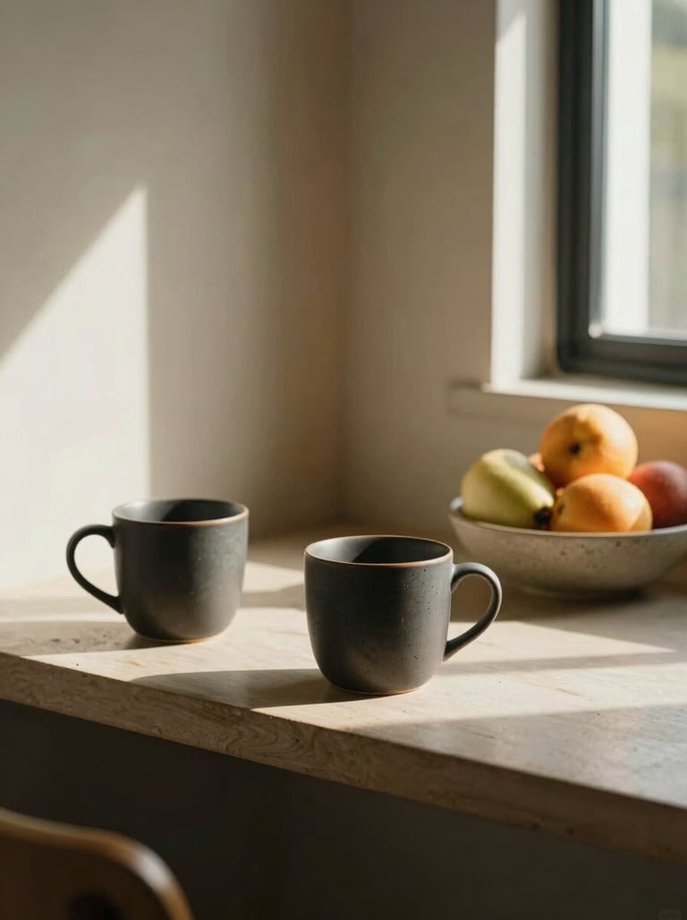 An inviting interior shot of a sunlit breakfast nook with charcoal ceramic mugs and a bowl of fruit, cinematic lighting, warm atmosphere.
