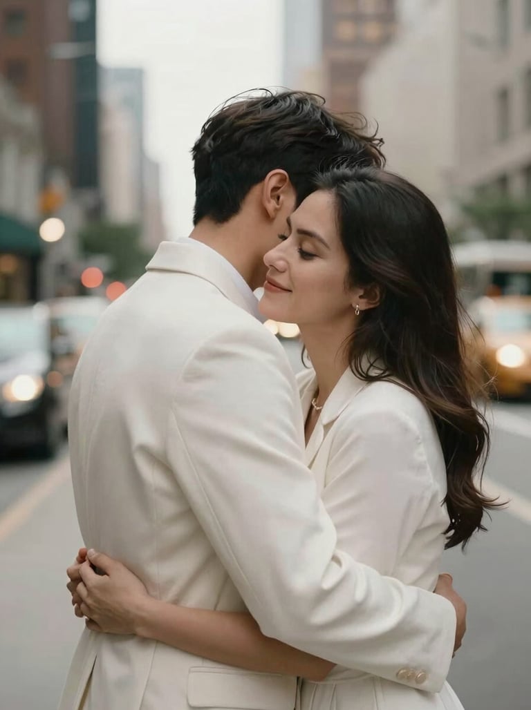 A couple embracing during a candid moment in a North American / US urban setting, blurred city lights in the background, sophisticated and heartfelt, Warm Off-white lighting.