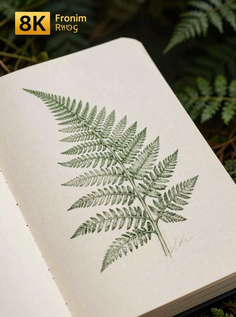 A close-up photograph of a hand-sketched botanical drawing of a fern on textured cream paper. The drawing uses thin, elegant lines and is set against a dark forest green background.