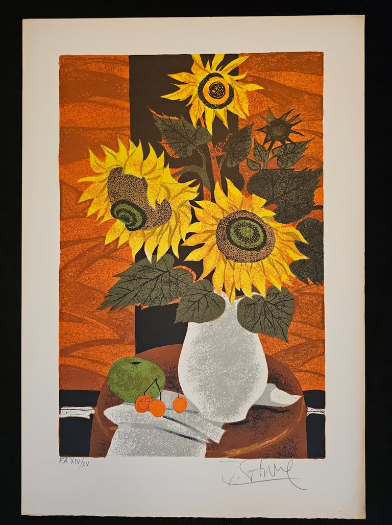 Art deco vintage tournesols sur fond rouge-Yves Ganne