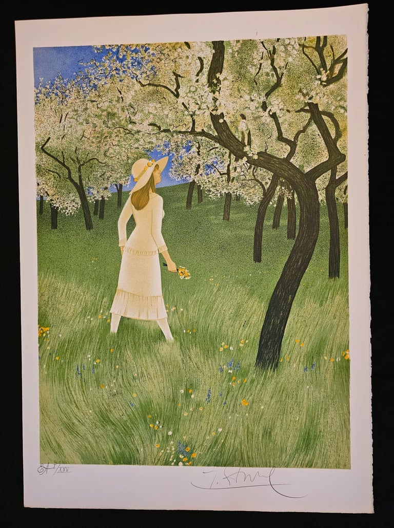 art deco vintage femme aux pommiers en fleurs-Yves Ganne