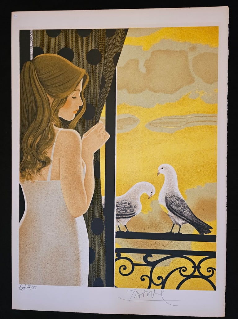 art deco vintage femme aux colombes-Yves Ganne