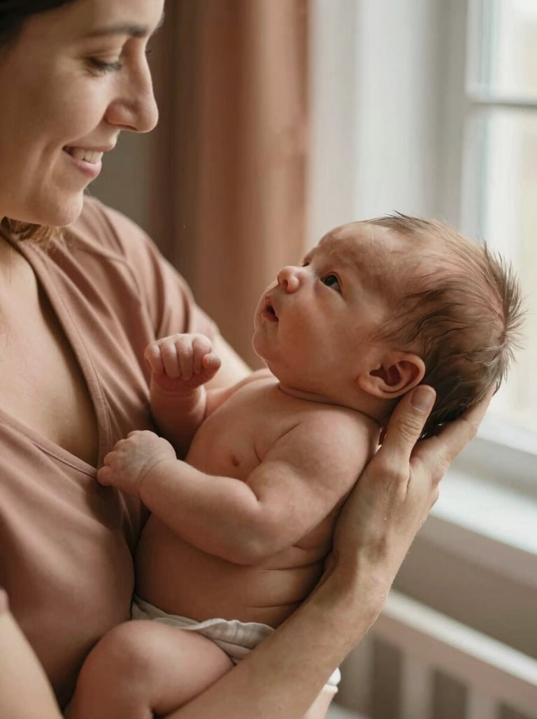 Close-up of a mother holding a newborn baby near a window, soft light hitting their faces. The nursery is decorated in muted terracotta and beige tones, giving a sense of warmth and authenticity.