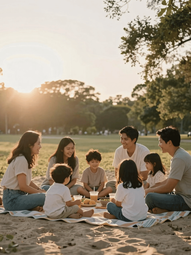 Wide shot of a family picnic in a US park, backlit by the setting sun, cinematic photography, genuine smiles and soft sand colors.