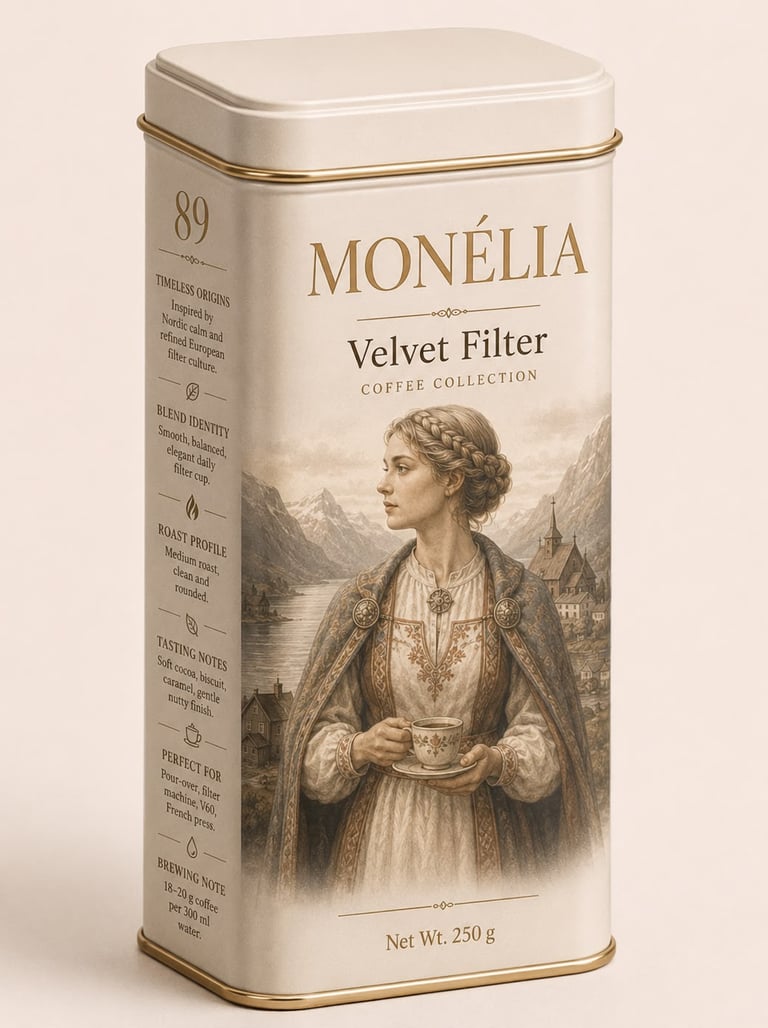 MONÉLIA Velvet Filter premium filter coffee in an ivory 250 g tin with Scandinavian heritage artwork