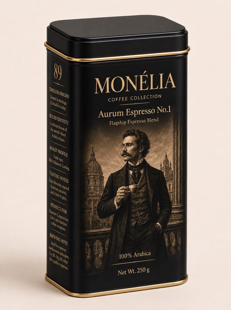 MONÉLIA Aurum Espresso No.1 premium espresso coffee in a black and gold 250 g heritage-inspired tin