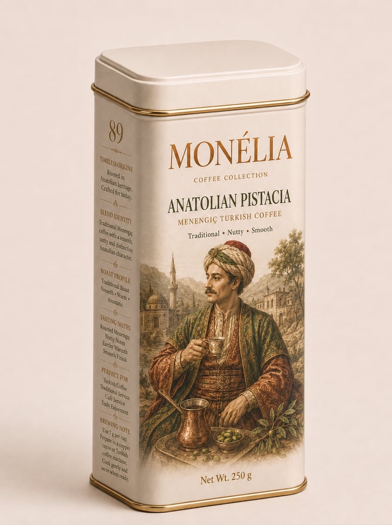 ONÉLIA Anatolian Pistacia menengiç Turkish coffee in a 250 g tin with traditional Anatolian artwork