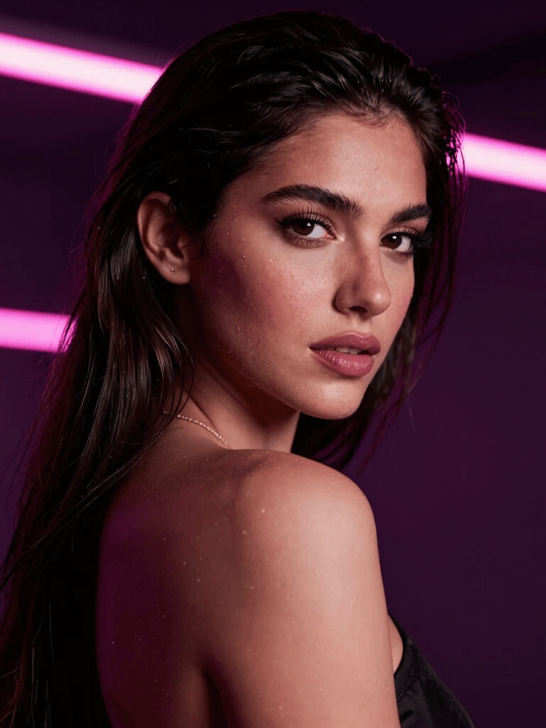 Seductive portrait of a gorgeous model looking confidently into the camera, neon pink light bars casting soft light across her, deep violet shadows, high-end dark aesthetic, Latin American / Global style.