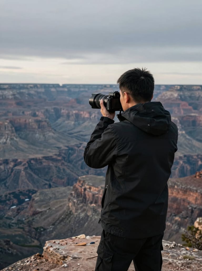A moody portrait of a photographer from behind, standing on a jagged cliff and looking out over a vast silver grey canyon under a soft grey sky. The person is wearing a jet black technical jacket. Global / Western wilderness setting.