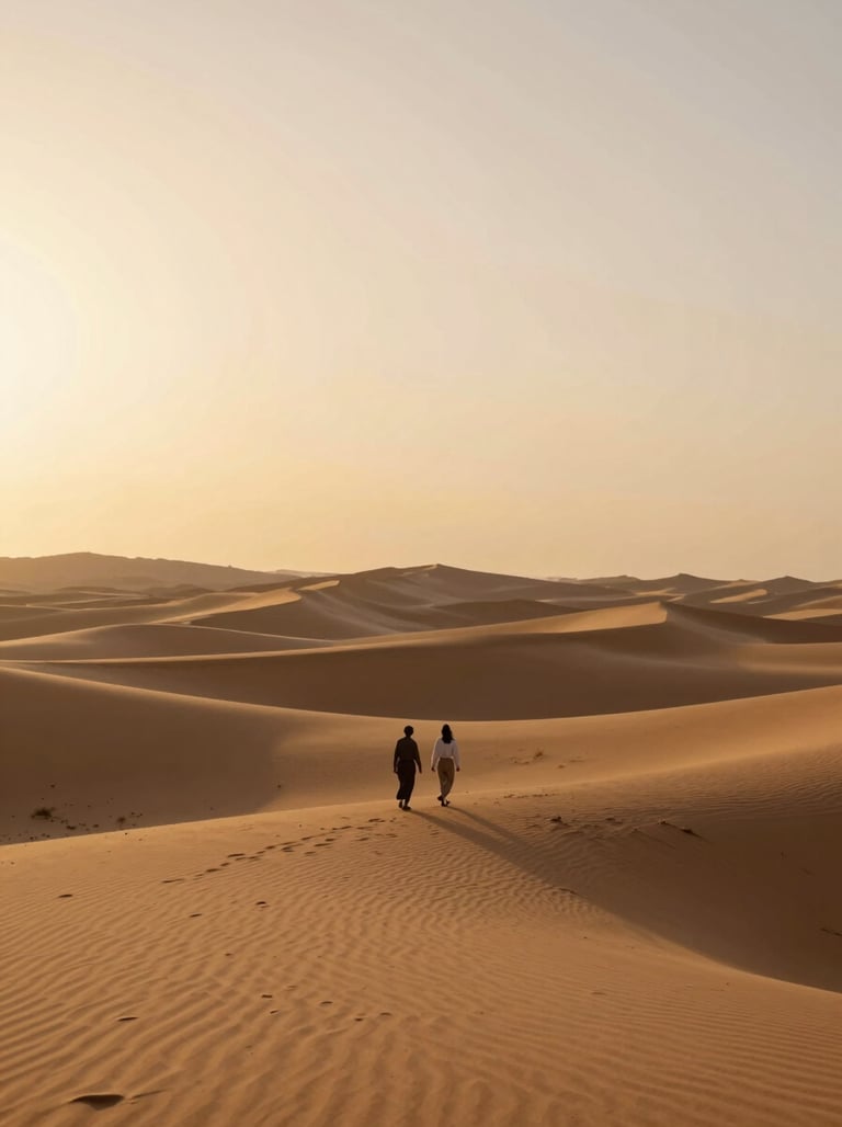 Atmospheric wide shot of a desert landscape at golden hour, a lone couple walking, cinematic colors #AD7B5B and #FDF8F0.