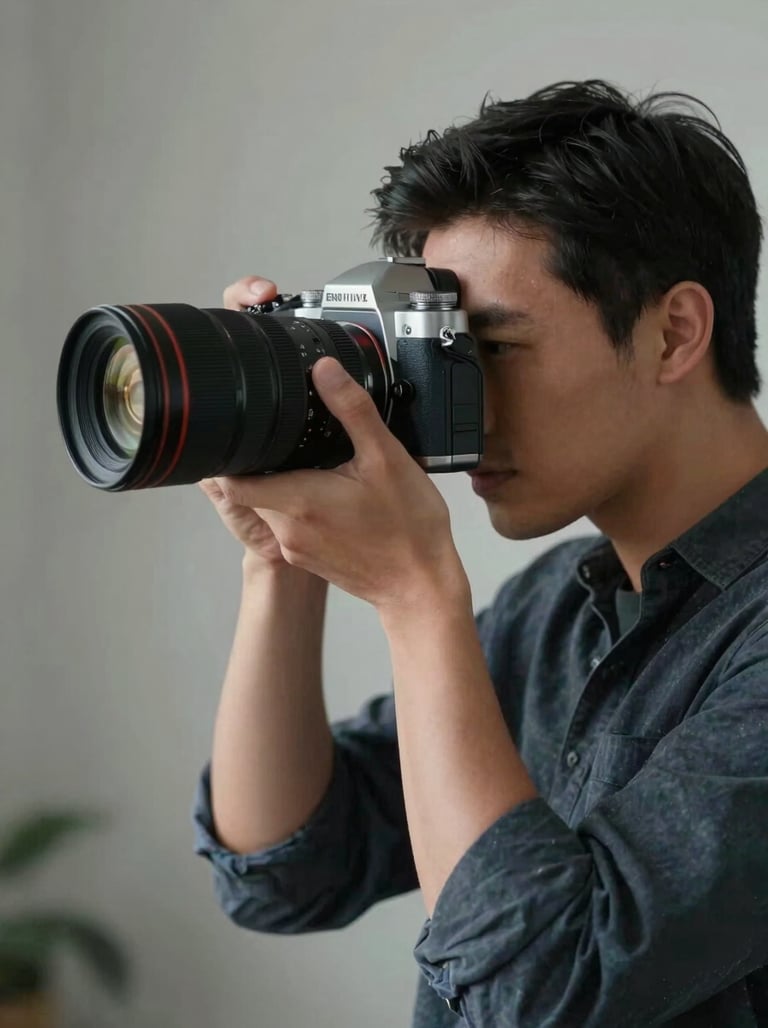A professional photographer in a North American / US studio setting looking through the viewfinder of a high-end camera, sleek dark blue-gray and light silver tones, cinematic lighting.