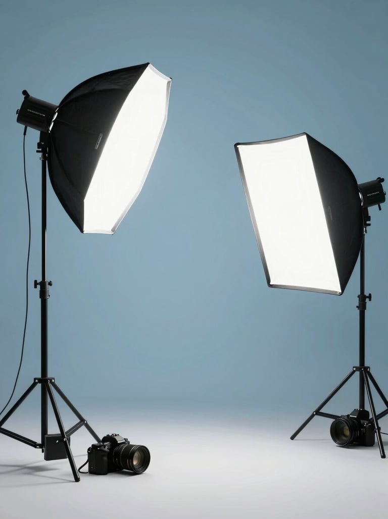 A minimalist studio scene with professional softbox lights and a sky blue background, high-end photography equipment neatly arranged, modern aesthetic.