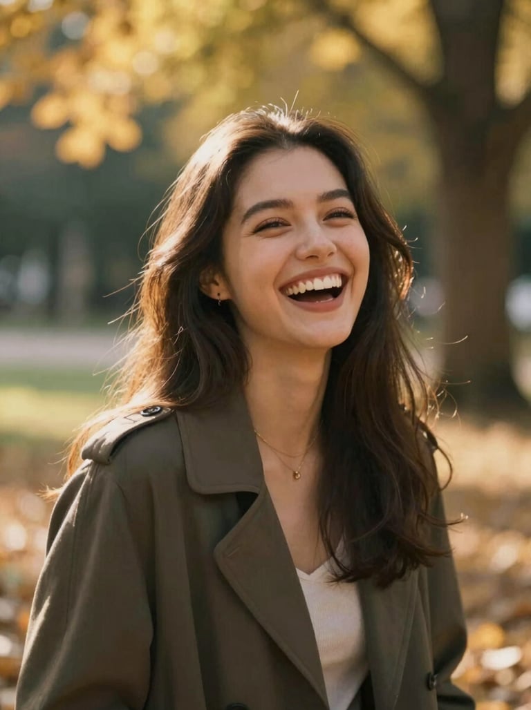 A cinematic portrait of a young woman laughing naturally in a sun-lit park, bokeh background with golden leaf highlights. Authentic human connection.