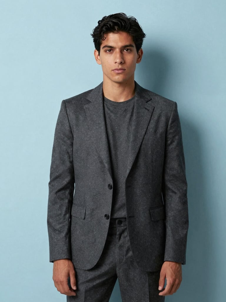 Editorial photography of a subject in sophisticated dark grey attire standing against a minimalist baby blue wall. The composition is off-center, reflecting a modern South American fashion aesthetic. Soft studio lighting.