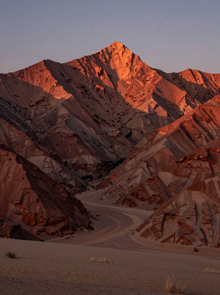 A cinematic landscape of a North American / US mountain range at dusk. Warm terracotta light hitting the peaks, soft sand valley below.