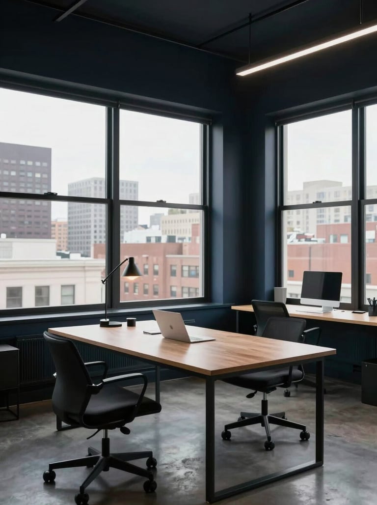 A wide-angle photograph of an airy North American / US creative workspace with dark navy design accents and large windows overlooking a city.
