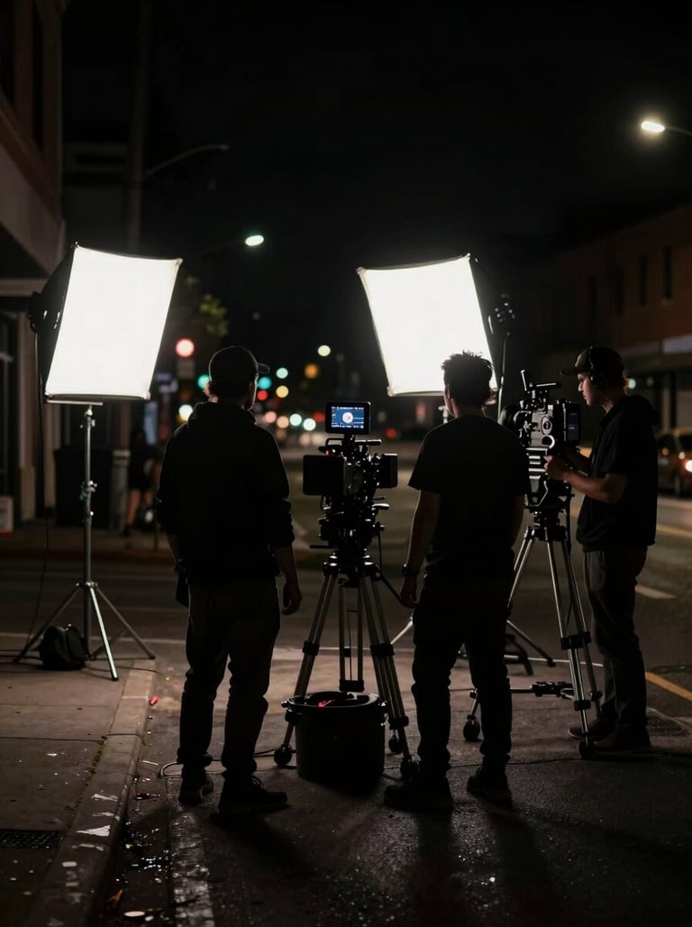 Silhouettes of a film crew working on a North American / US city street at night, illuminated by soft alabaster white production lights, cinematic atmosphere with deep obsidian black shadows.