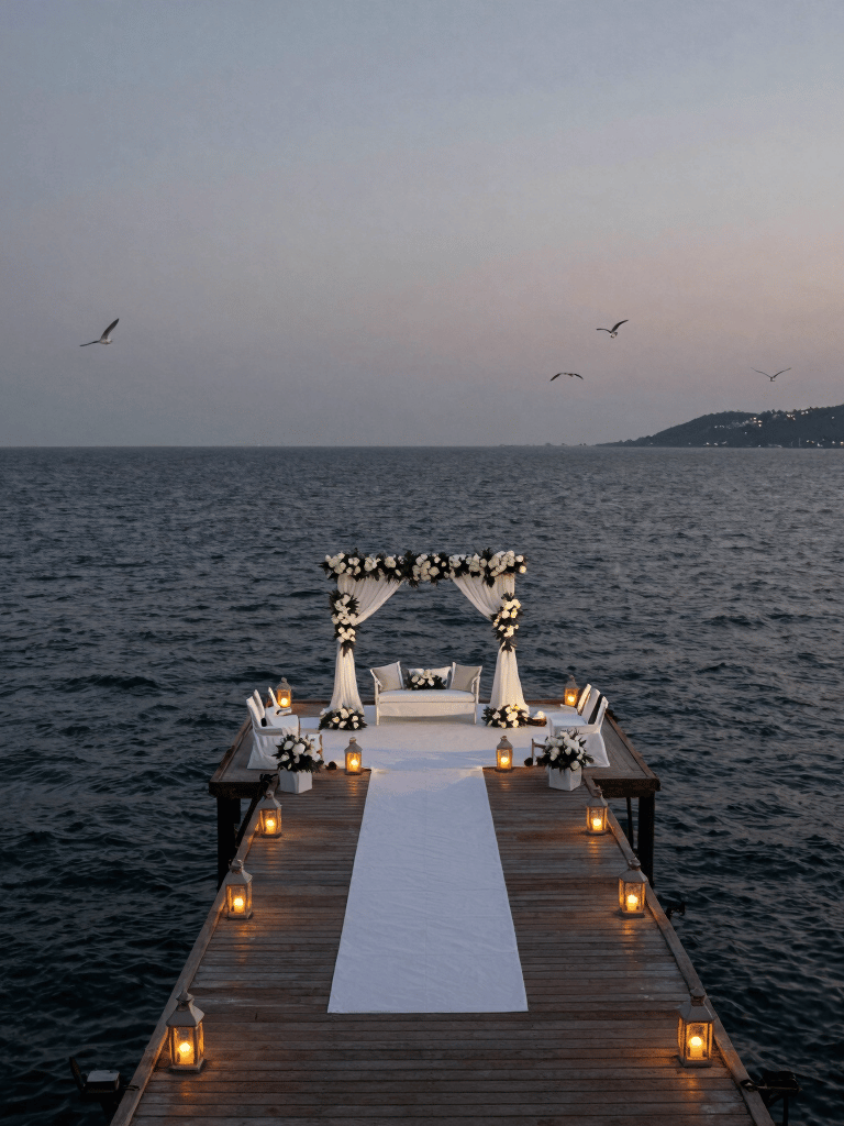 A wide-angle landscape shot of a Turkish wedding ceremony at dusk on a Bodrum pier, glowing lanterns, elegant white decor, deep slate grey sea in the background.