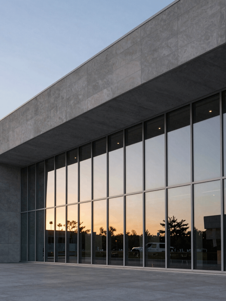 An architectural detail of a modern performing arts center in North America, showing clean gray lines and expansive glass windows reflecting a sunset.