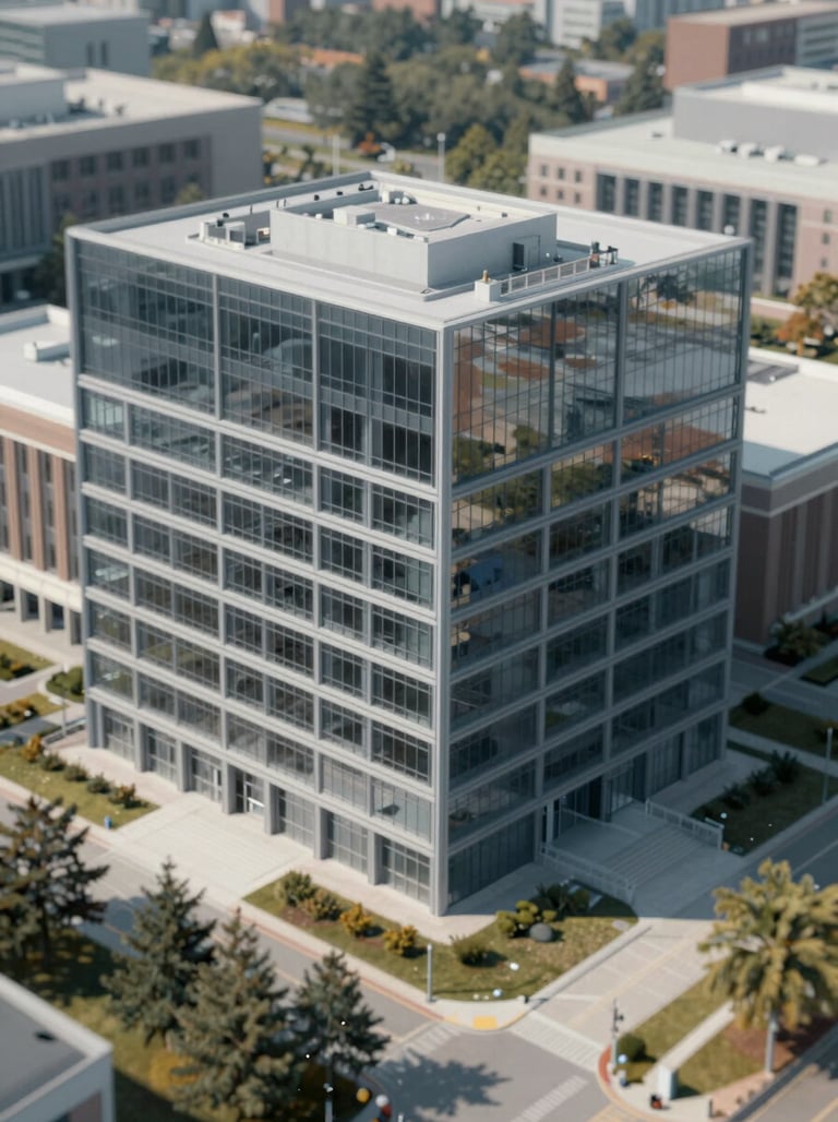 A high-angle architectural photograph of a modern university building in the USA, showing glass reflections and steel structure in #6E8898 tones.