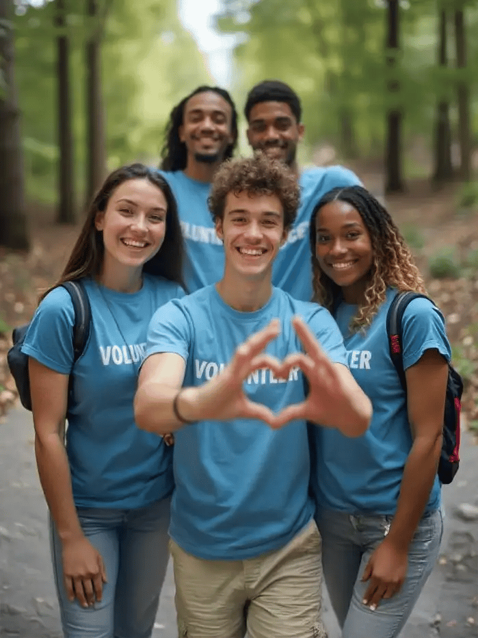 a group of young people standing in front of a forest