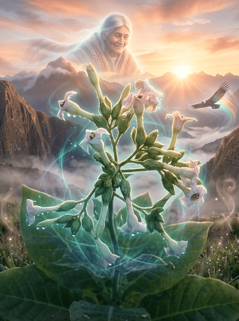 Spiritual image of Mapacho tobacco flowers in the Andes mountain range with a condor and an ancestral shamanic spirit.