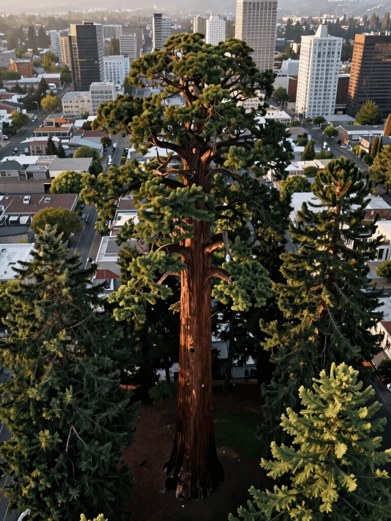 Cinematic aerial view of a single giant sequoia rising above the urban canopy of Eugene, Oregon. The surrounding neighborhood is visible in soft focus. Professional, majestic lighting with hints of sage and dark green.