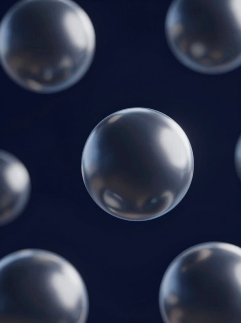 Abstract 3D render of floating liquid metal spheres in a dark navy void, metallic sheen, 2026 futuristic design trend, #0A1118 and #8D9FB5.