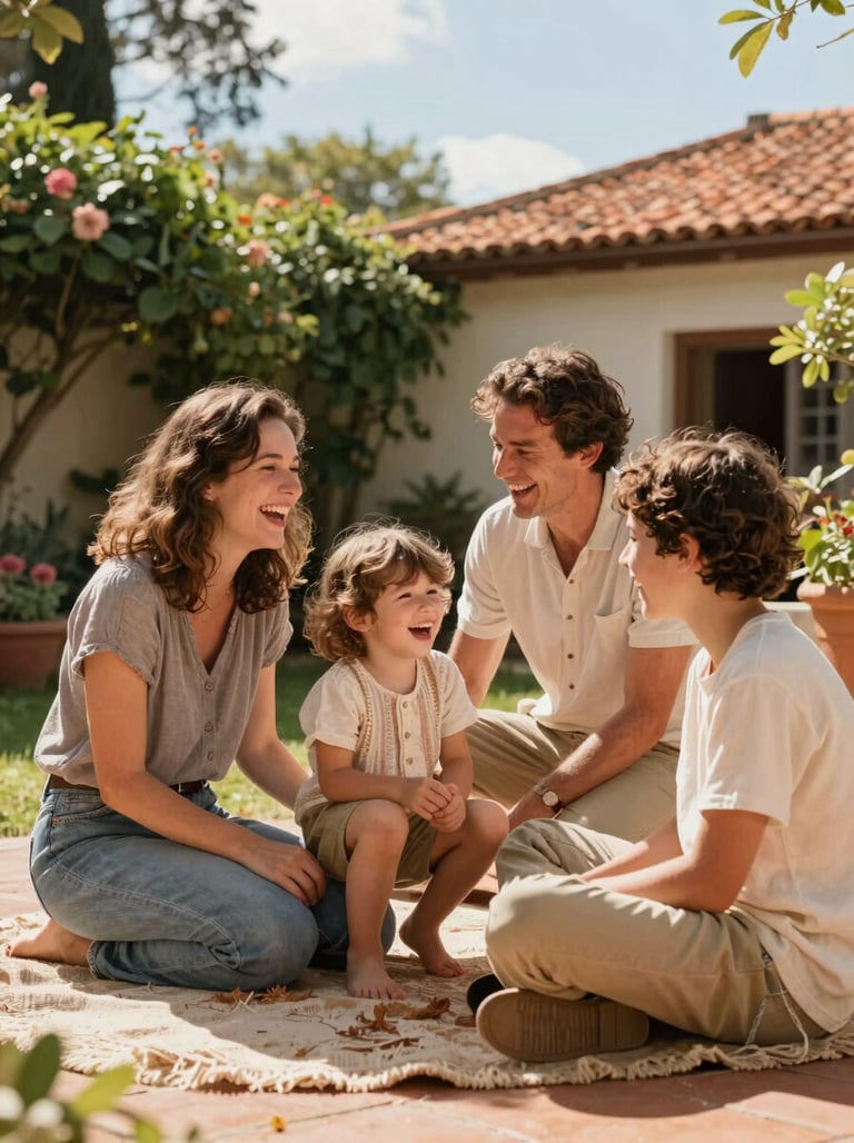 Candid photography of a family laughing together in a sunlit garden, cinematic quality, vibrant terracotta and sand tones, European / Portuguese lifestyle.