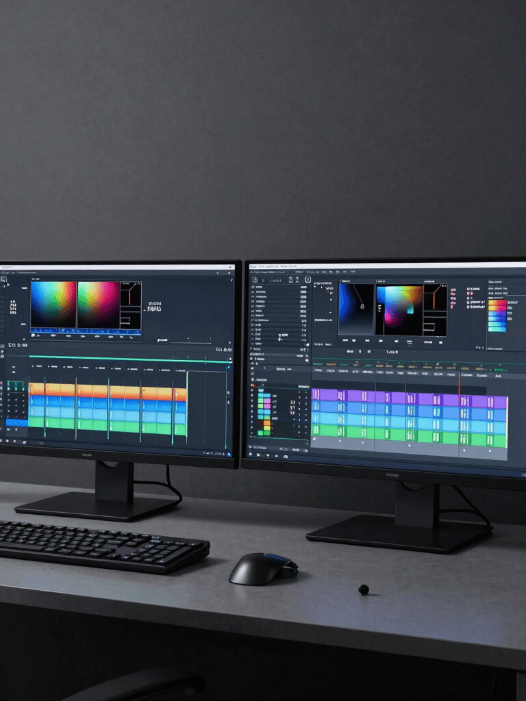 Atmospheric shot of a high-end video editing suite with dual monitors showing color grading software, glowing in a dark gray room, minimalist professional aesthetic.