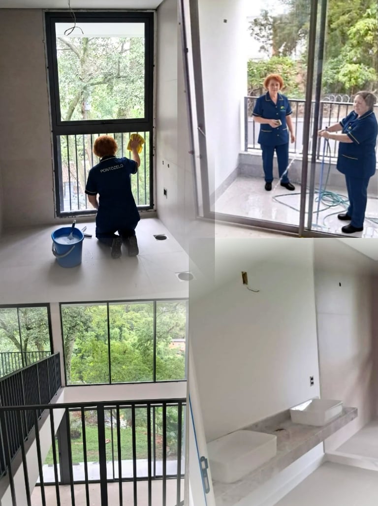 Profissional de limpeza pós obra limpando vidros e piso
