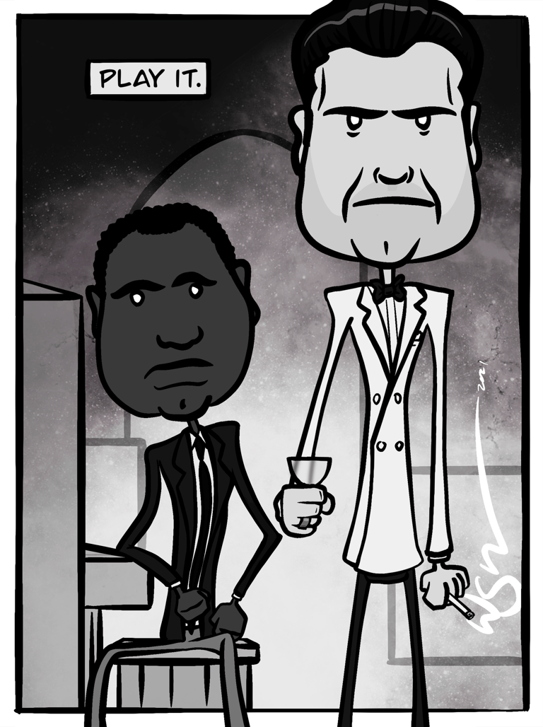 Black-and-white cartoon scene from Casablanca. Rick stands with a drink while Sam sits at the piano