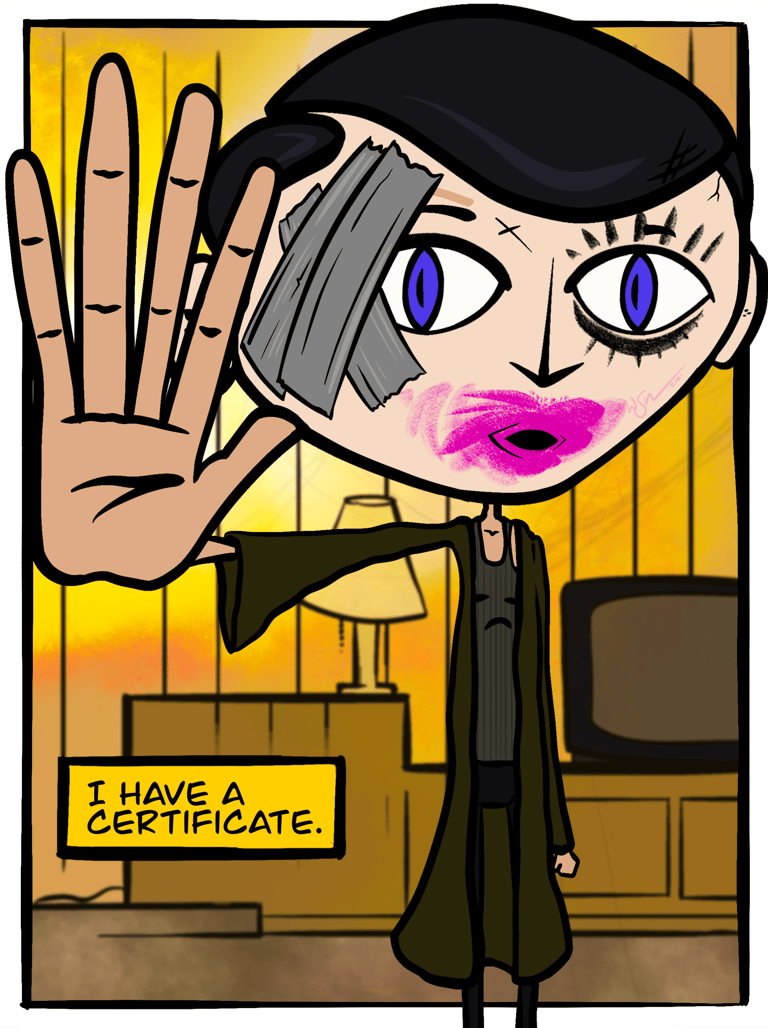 A cartoon version of Frank from the movie Frank raises one hand with the text bubble, "I have a certificate."