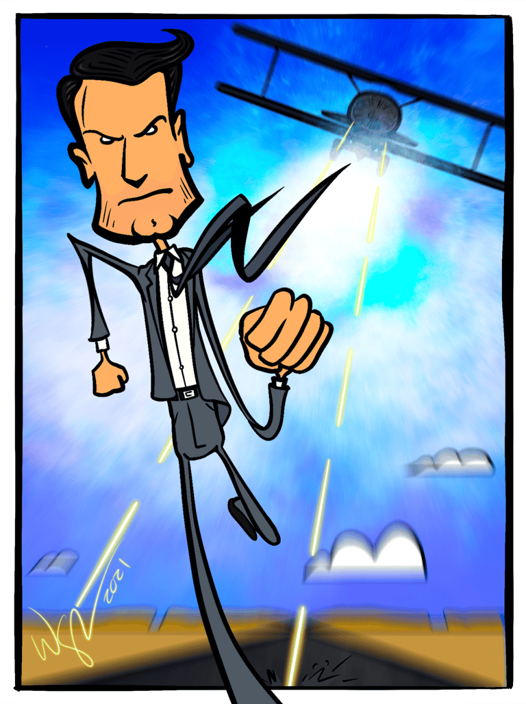 A cartoon character in a suit running from an airplane in pursuit. It's from North By Northwest.