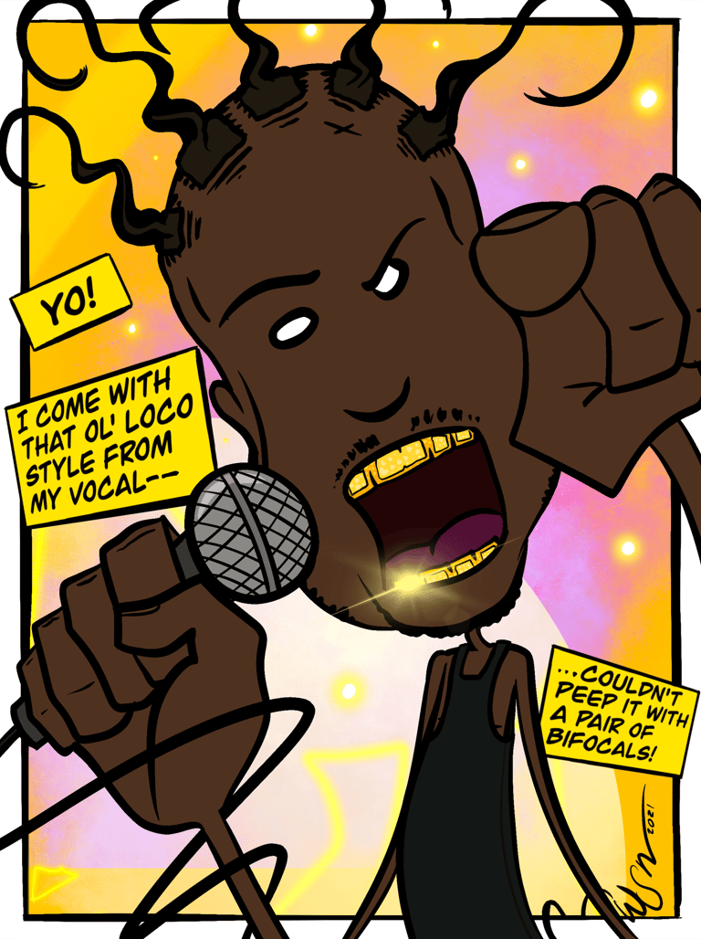 A cartoon version of ODB, holding a microphone and gesturing energetically. The speech bubbles are h