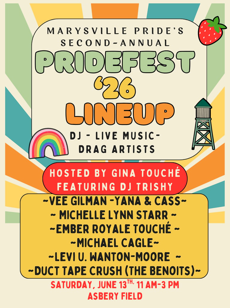 Marysville Pridefest 2026 event poster featuring a lineup of live music, drag artists, and DJs at Asbery Field.