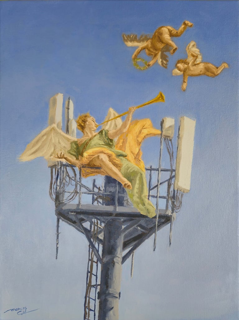 a painting of angels on a pole with a trumpet