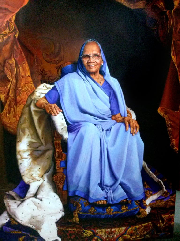 an oil on canvas portrait depicting an old Indian woman wearing saree sitting on a royal chair