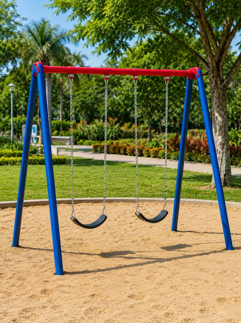Blue and red outdoor playground swing set for kids in a sunny public park with green trees.