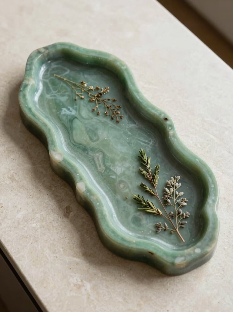 Top-down view of a Sage Green resin serving tray with organic edges and embedded botanical elements, resting on an Almond White stone surface in a International / Global kitchen.