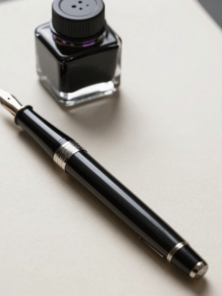 Still life photography of a professional fountain pen and a glass inkwell on an off-white paper, soft shadows, sophisticated and curated aesthetic.