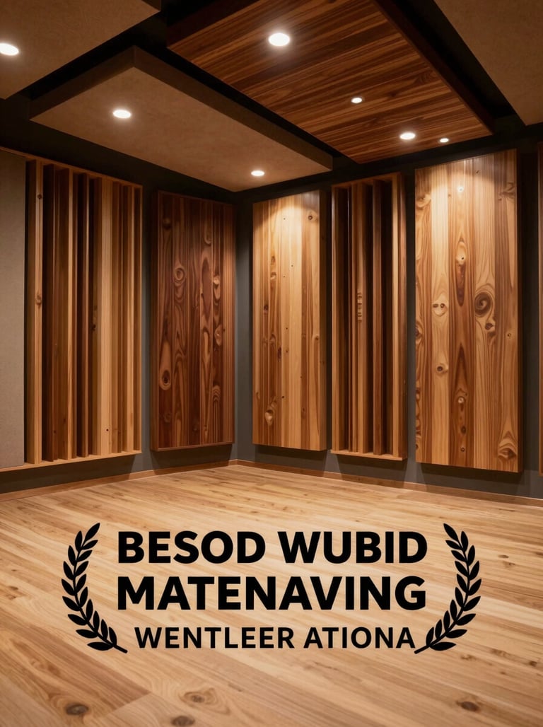 Interior view of a professional soundproofed recording booth, warm deep espresso wood panels, soft glowing lights.