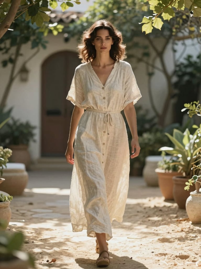 Candid shot of a woman in a light linen dress walking through a Mediterranean garden, soft sunbeams filtering through leaves, warm sand tones.
