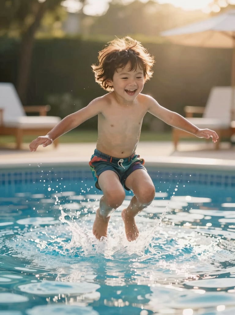 Candid horizontal shot of a child jumping into a pool. Warm sun-drenched environment, cinematic water splashes, joyful storytelling.