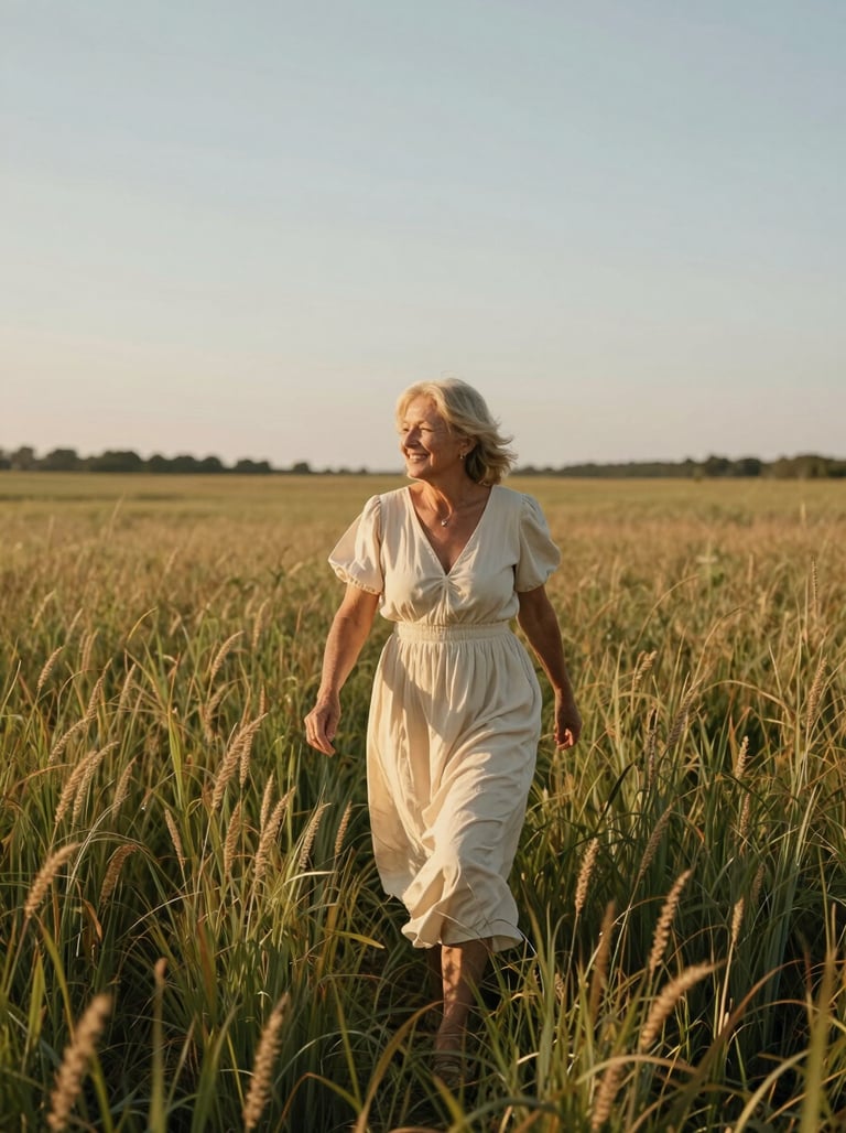 A wide shot of a senior walking through an tall grass field during golden hour, wearing a flowing cream dress. Timeless and joyous mood. North American / US.