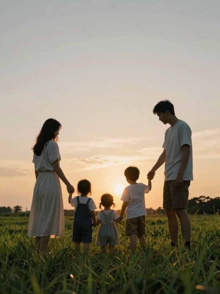 A young family playing in a grassy North American field at dusk, soft cinematic lighting, silhouettes against a golden sky.
