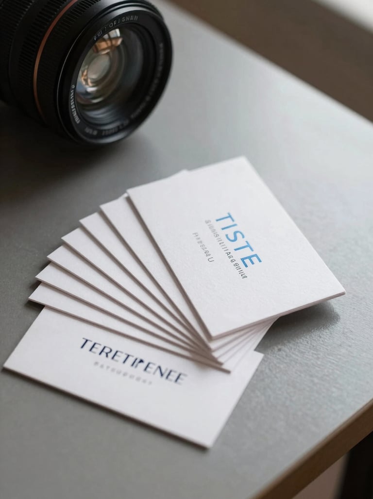 High-end photography of elegant business cards fanned out on a sleek table in a well-lit International / Western studio, featuring subtle Light Steel Blue branding.
