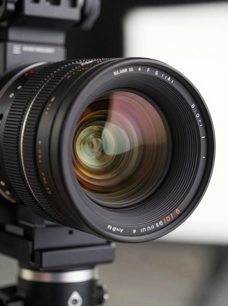 Close-up of a high-end anamorphic cinema lens reflecting a brightly lit North American soundstage. The composition is sleek and technical, emphasizing precision and professional innovation.