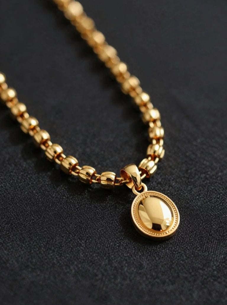 A premium close-up of gold Nigerian jewelry on a dark #3D2C20 textured fabric, representing the artist's cultural heritage and luxury aesthetic.